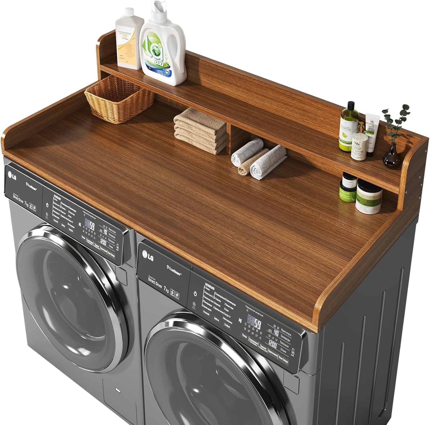 2-Tier Washer and Dryer Countertop with 2.75" H Guard,54" W x 27.5" D Laundry Countertop Cover with Non-Slip Pad,Large Space Laundry Topper for Folding Clothes Over Washer and Dryer-Brown