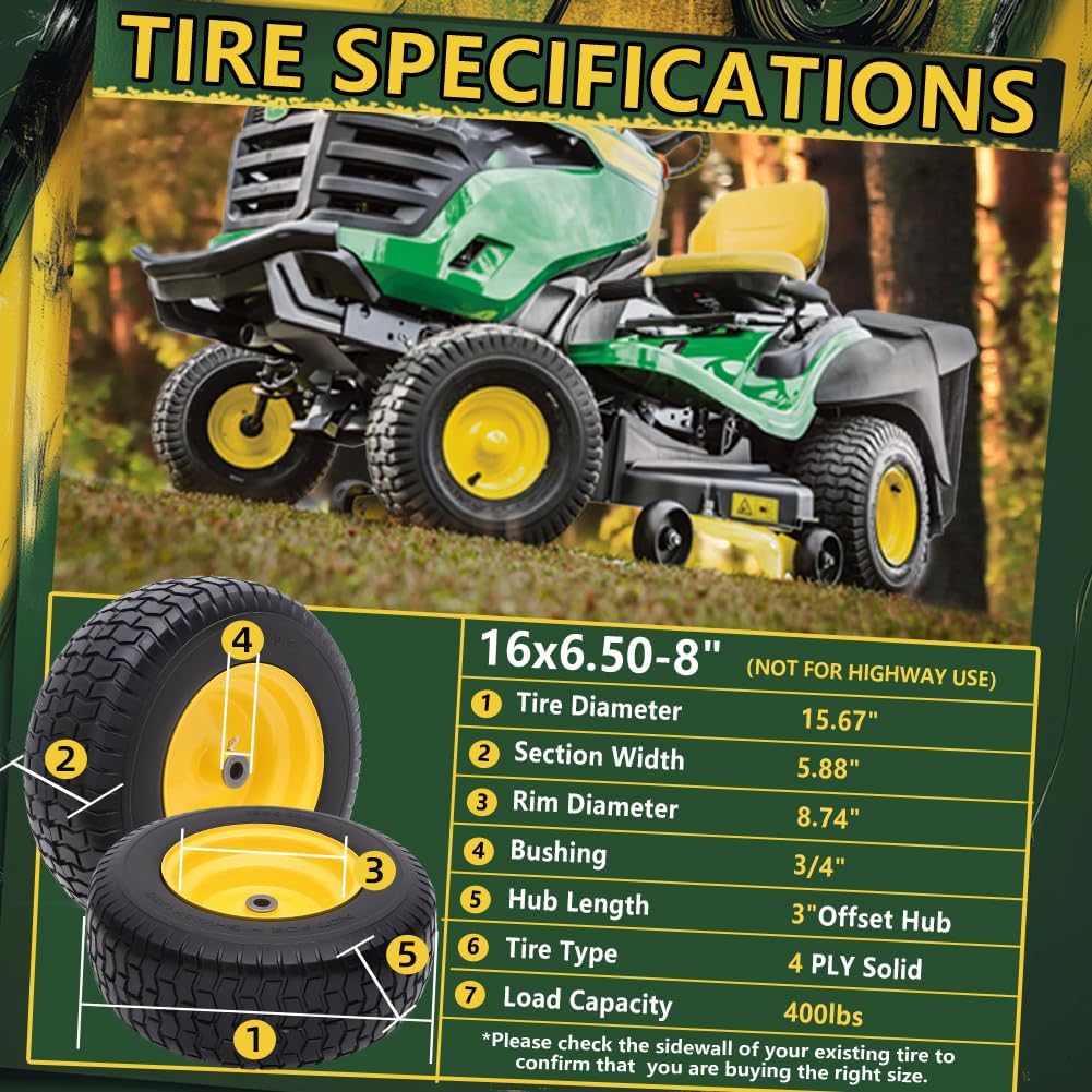 16x6.50-8 Tire and Wheel Assembly (2 Pack), Pre-Installed 3/4" Bushing, 3" Offset Hub, Flat Free Solid Rubber Tire, For Compatible 3/4" Axle Lawn & Garden Equipment (Yellow)