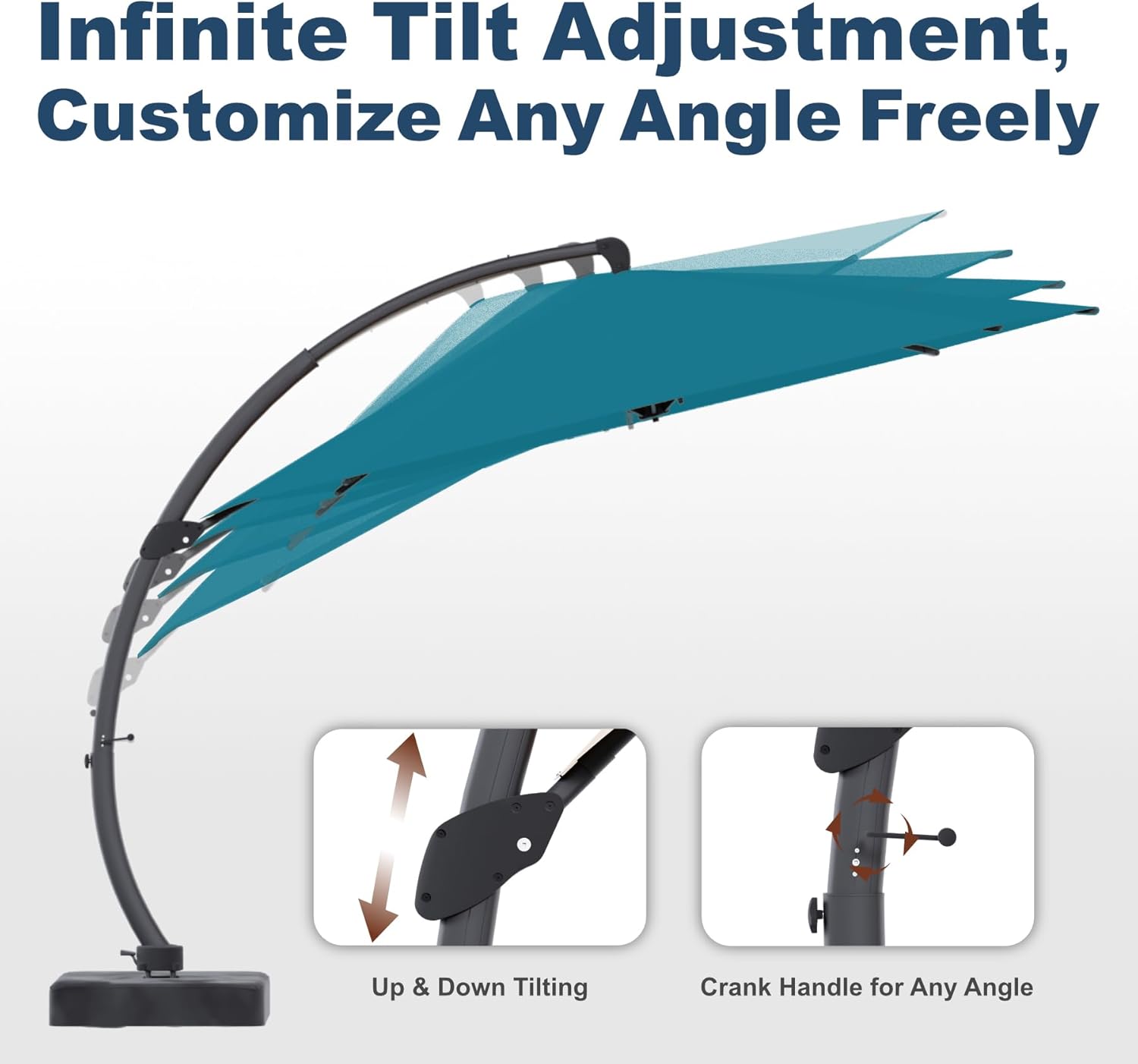 12FT Cantilever Umbrella with Base Large Curvy Outdoor Aluminum Offset Umbrella w/ 360° Rotation, UV Resistant Canopy for Patio, Garden, Backyard, Lake Blue