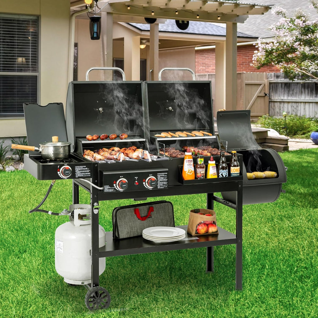 2-Burner Gas and Charcoal Grill Combo with Offset Smoker & Side Burner, 34,000 BTU Dual Fuel Grill, 1020 Sq. In. Cooking Area, Ideal for Outdoor Cooking, Black, ZH3005Y-SC