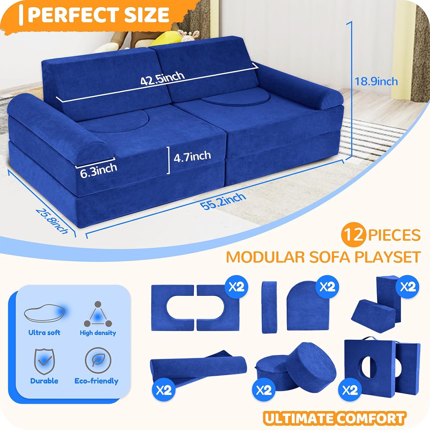 12 Pcs Modular Kids Play Couch – Premium Soft Foam, Removable Cover, Comfortable & Safe Toddler Couch for Children 1-6 Years, Portable & Easy to Clean, Ideal for Living Room & Playroom, Blue