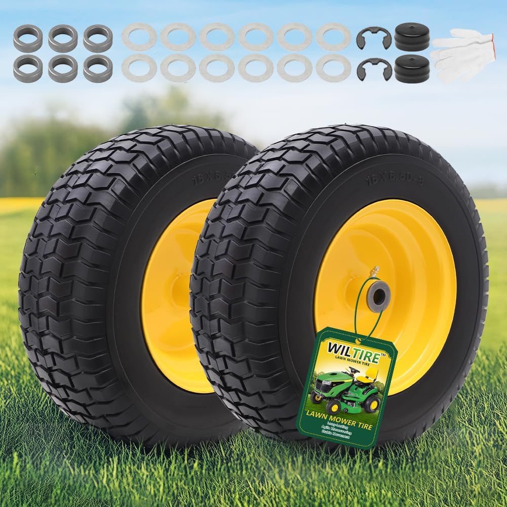 16x6.50-8 Tire and Wheel Assembly (2 Pack), Pre-Installed 3/4" Bushing, 3" Offset Hub, Flat Free Solid Rubber Tire, For Compatible 3/4" Axle Lawn & Garden Equipment (Yellow)