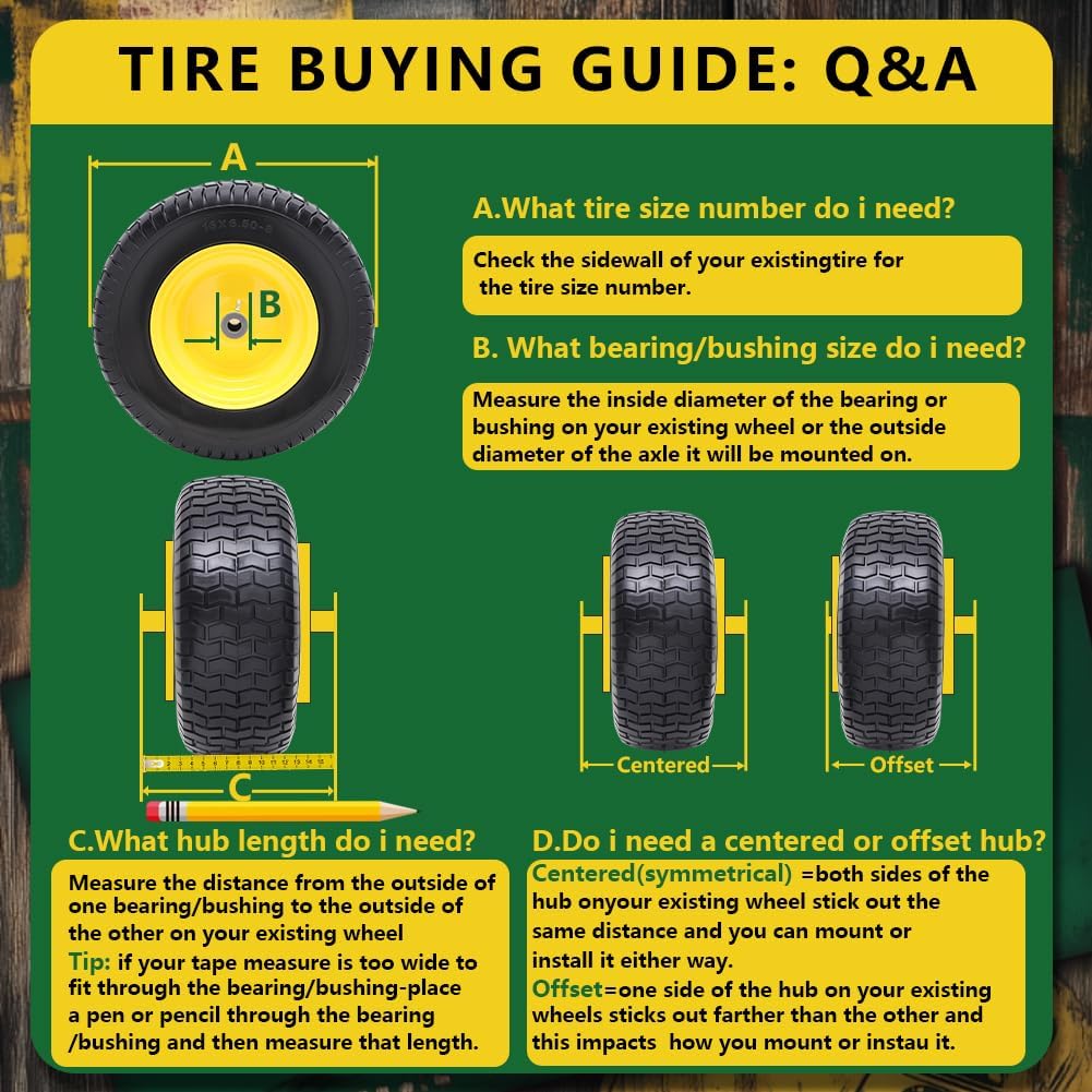 16x6.50-8 Tire and Wheel Assembly (2 Pack), Pre-Installed 3/4" Bushing, 3" Offset Hub, Flat Free Solid Rubber Tire, For Compatible 3/4" Axle Lawn & Garden Equipment (Yellow)