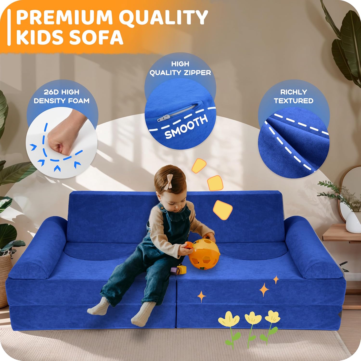 12 Pcs Modular Kids Play Couch – Premium Soft Foam, Removable Cover, Comfortable & Safe Toddler Couch for Children 1-6 Years, Portable & Easy to Clean, Ideal for Living Room & Playroom, Blue
