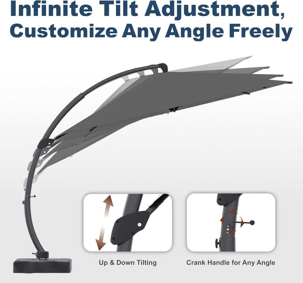 12FT Cantilever Umbrella with Base Large Curvy Outdoor Aluminum Offset Umbrella w/ 360° Rotation, UV Resistant Canopy for Patio, Garden, Backyard, Grey