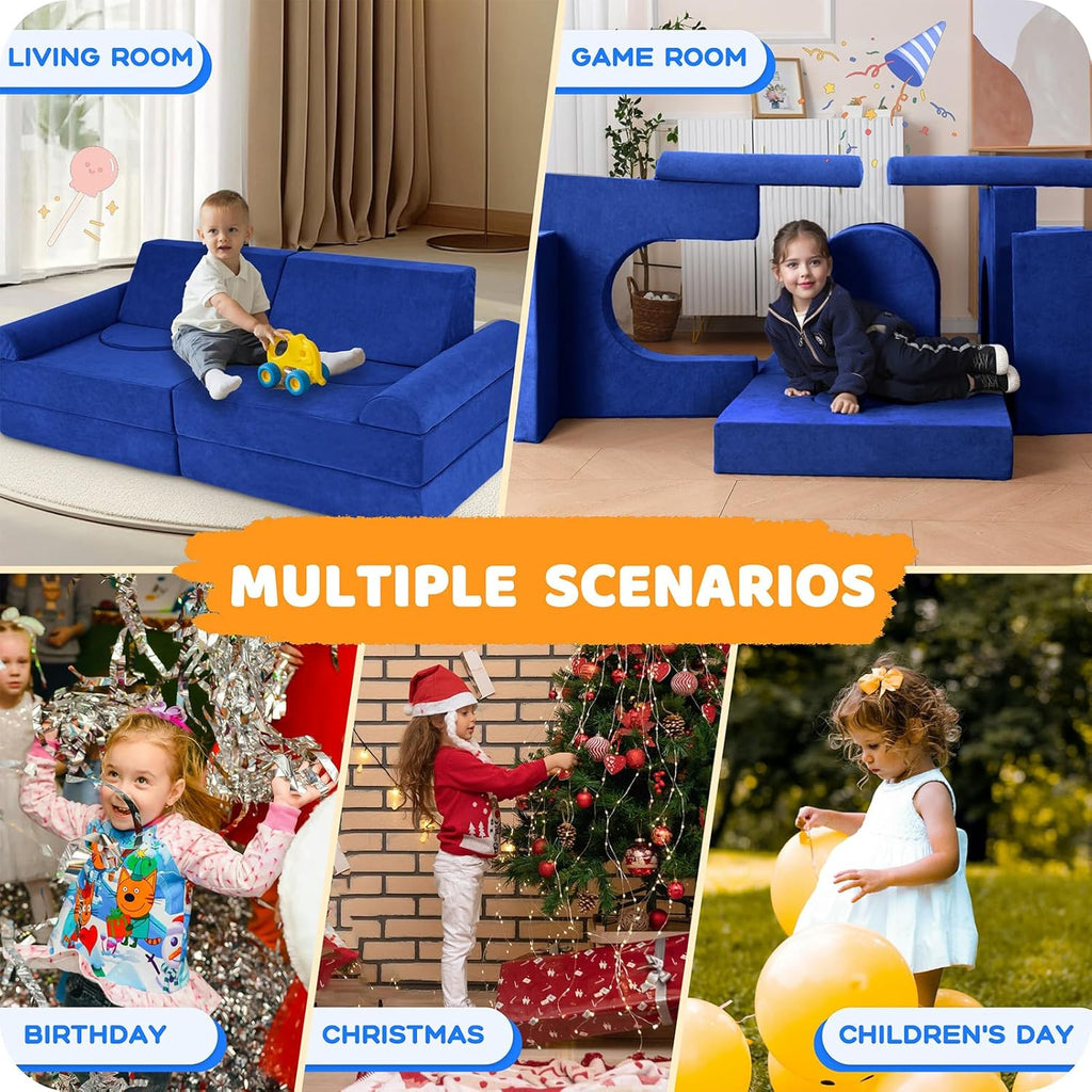 12 Pcs Modular Kids Play Couch – Premium Soft Foam, Removable Cover, Comfortable & Safe Toddler Couch for Children 1-6 Years, Portable & Easy to Clean, Ideal for Living Room & Playroom, Blue