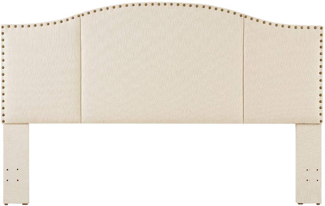 24KF Middle Century Linen Upholstered Tufted King Size Headboard with Antique Brass Nail Heads Trim King/California King headboard-Ivory