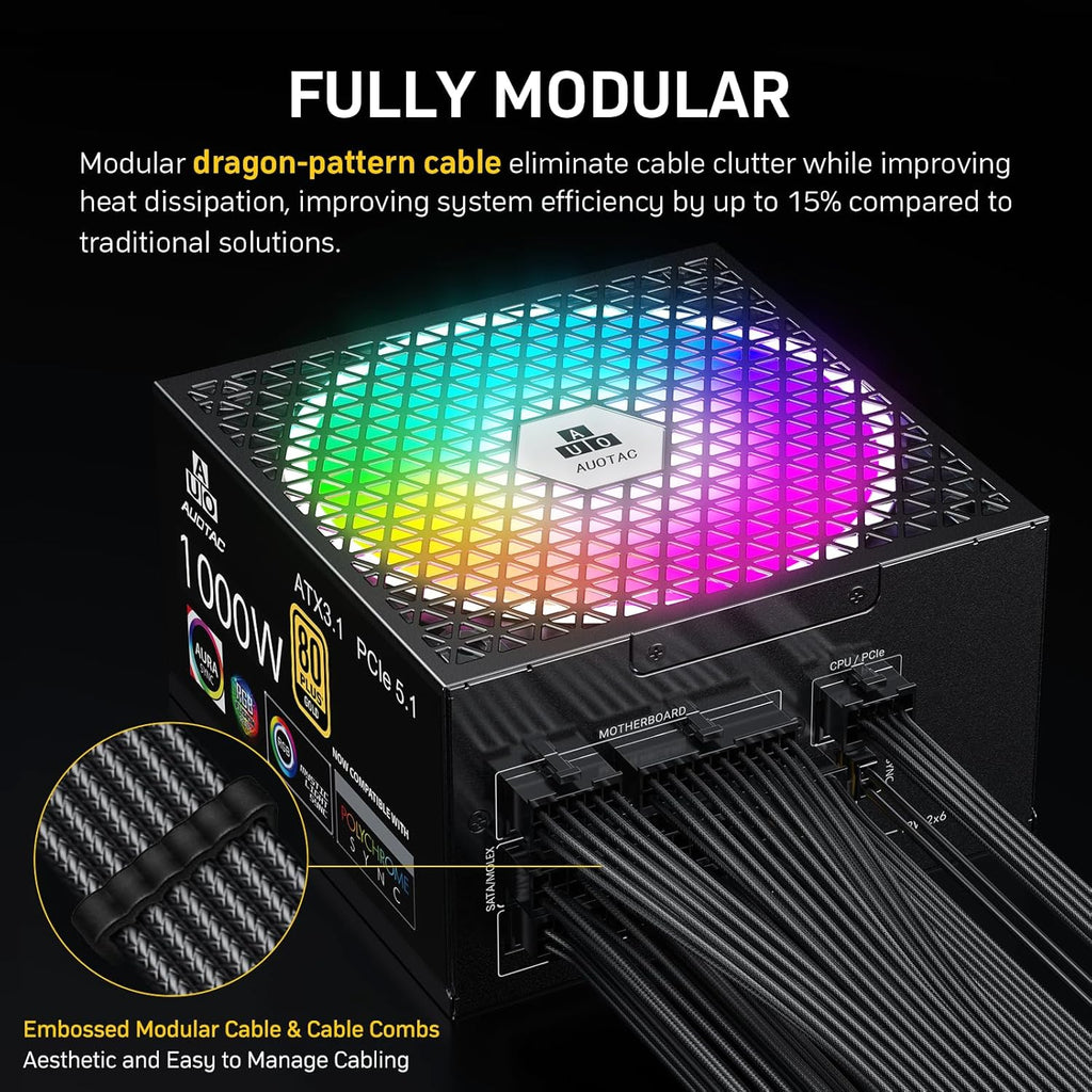 1000W Fully Modular Power Supply, 80+ Gold Certified PSU, ATX 3.1 & PCIe 5.1 Ready, 12V-2x6 Native Connector, 140mm RGB Low-Noise Smart Fan, 105℃ Japanese Capacitors, Black