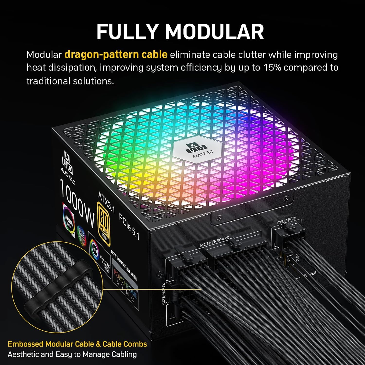 1000W Fully Modular Power Supply, 80+ Gold Certified PSU, ATX 3.1 & PCIe 5.1 Ready, 12V-2x6 Native Connector, 140mm RGB Low-Noise Smart Fan, 105℃ Japanese Capacitors, Black