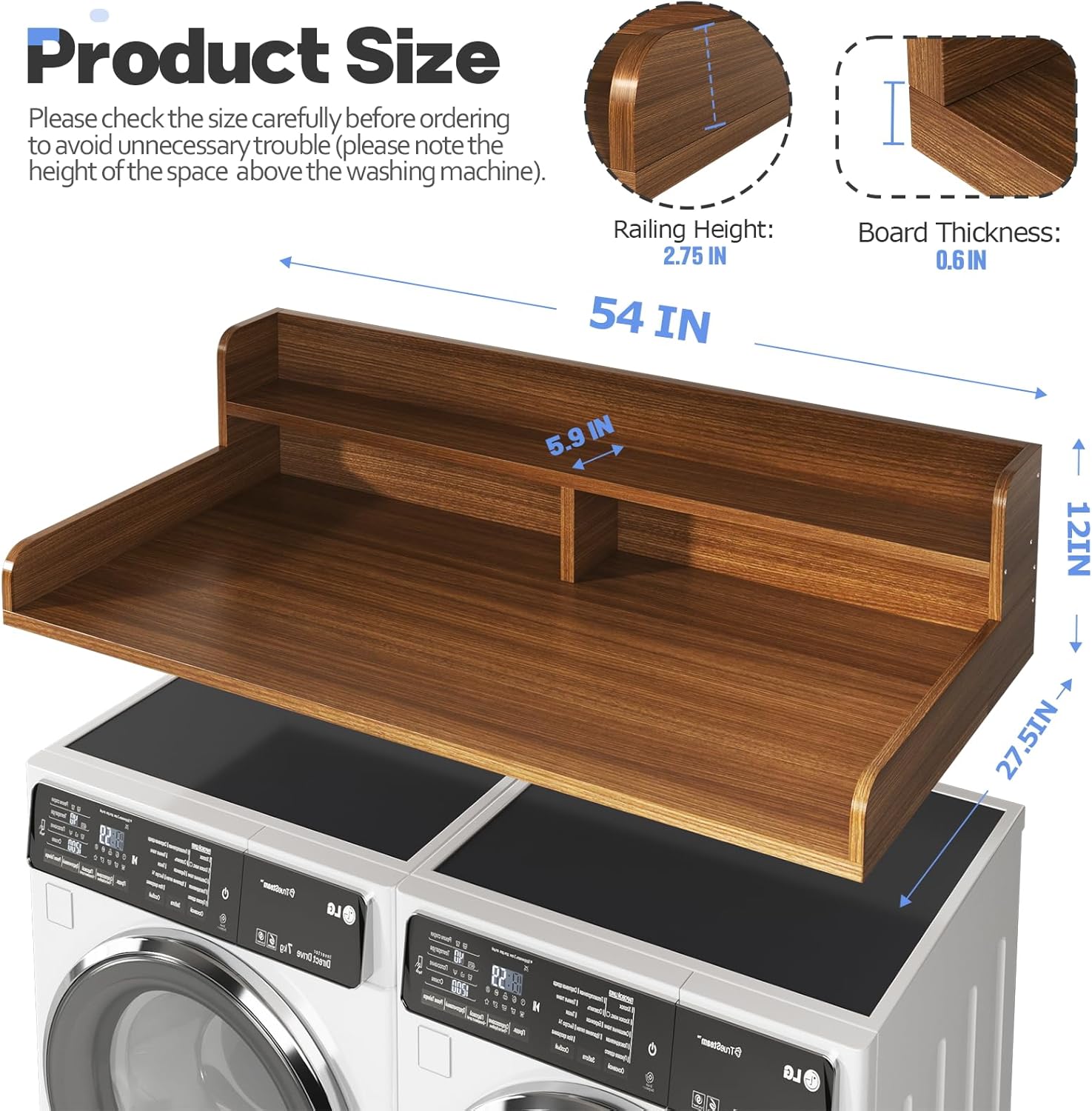 2-Tier Washer and Dryer Countertop with 2.75" H Guard,54" W x 27.5" D Laundry Countertop Cover with Non-Slip Pad,Large Space Laundry Topper for Folding Clothes Over Washer and Dryer-Brown