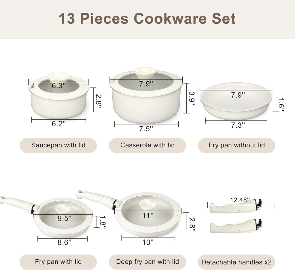 13 Pcs Pots and Pans Set, Nonstick Cookware Set with Lids and Detachable Handle, PFAS & PFOA Free, Non-Toxic Healthy Kitchen Cooking Set