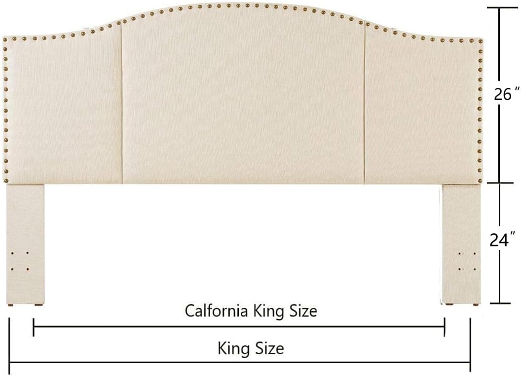 24KF Middle Century Linen Upholstered Tufted King Size Headboard with Antique Brass Nail Heads Trim King/California King headboard-Ivory