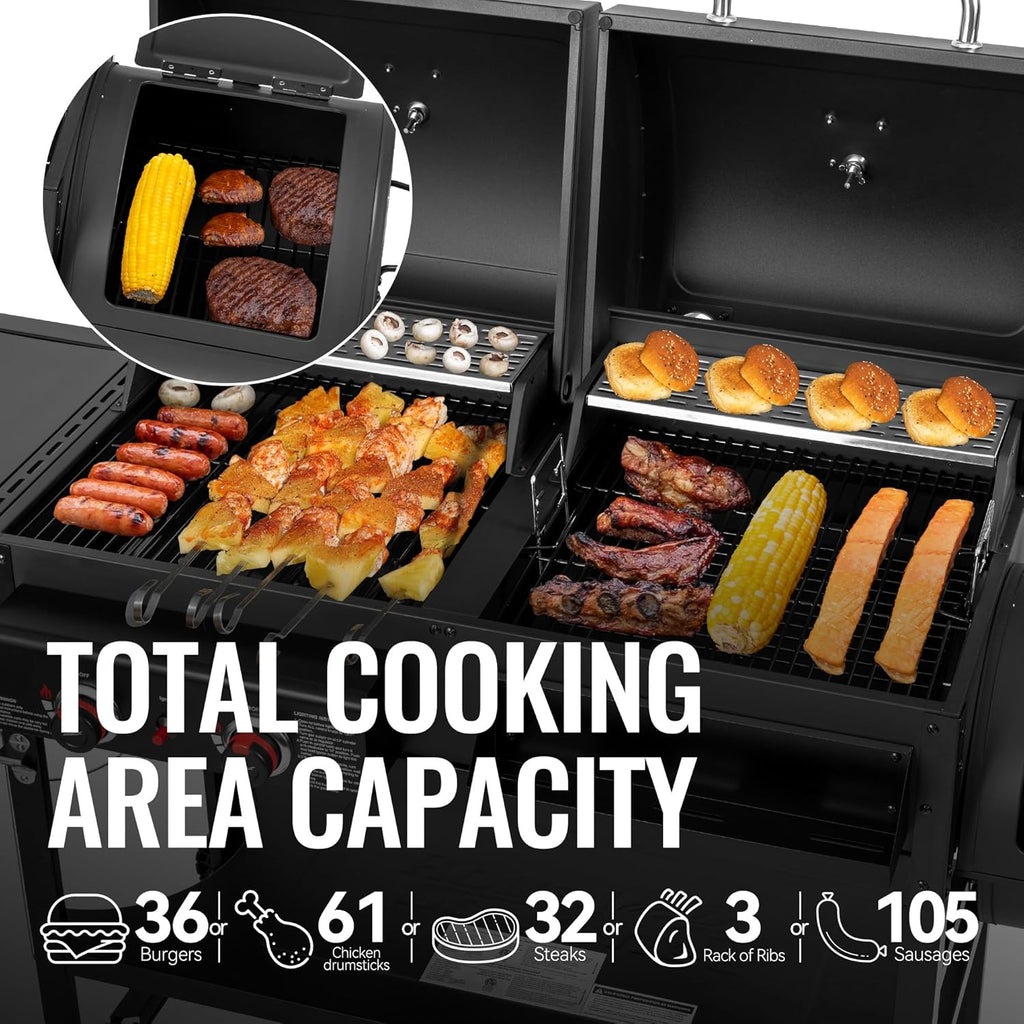 2-Burner Gas and Charcoal Grill Combo with Offset Smoker & Side Burner, 34,000 BTU Dual Fuel Grill, 1020 Sq. In. Cooking Area, Ideal for Outdoor Cooking, Black, ZH3005Y-SC
