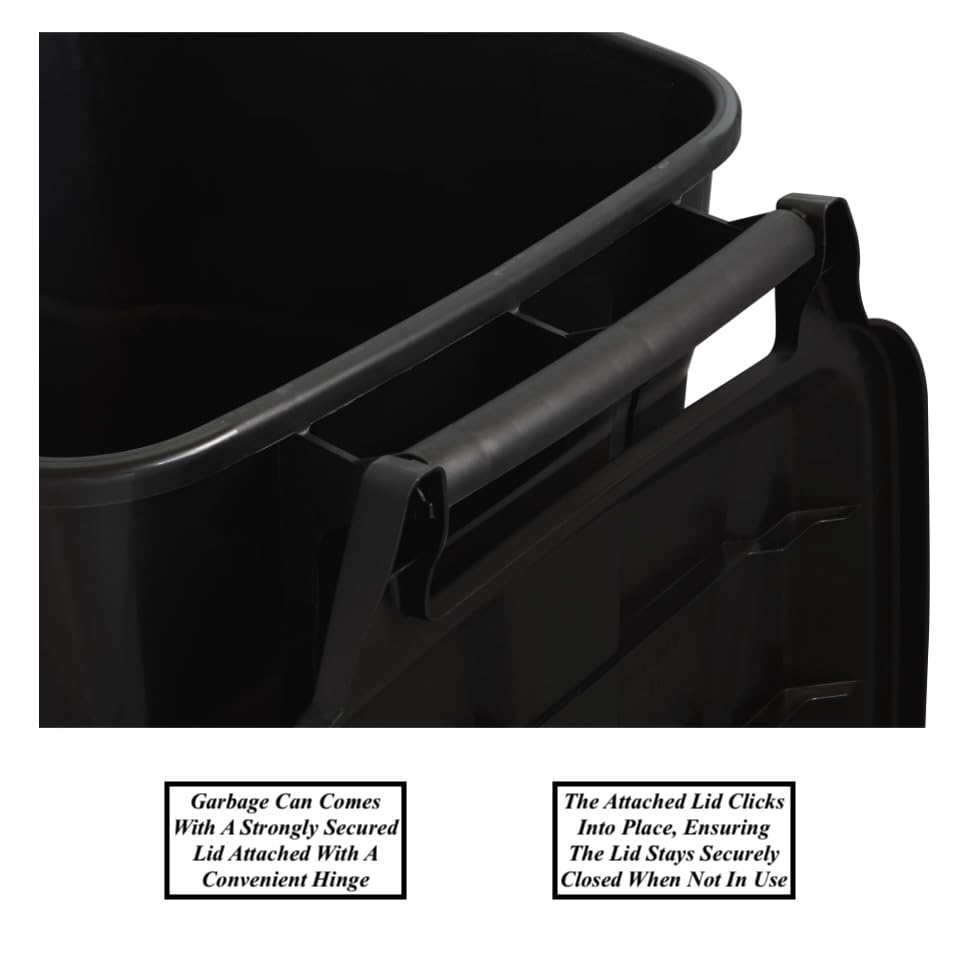 2 PCS 45 Gallon Heavy Duty Plastic Garbage Cans Trash Cans Rubbish Bin Attached Lid 2 Built in Rugged Wheels Easy Grip Handle Click Lock Lid Design Perfect for Both Indoor Or Outdoor Use