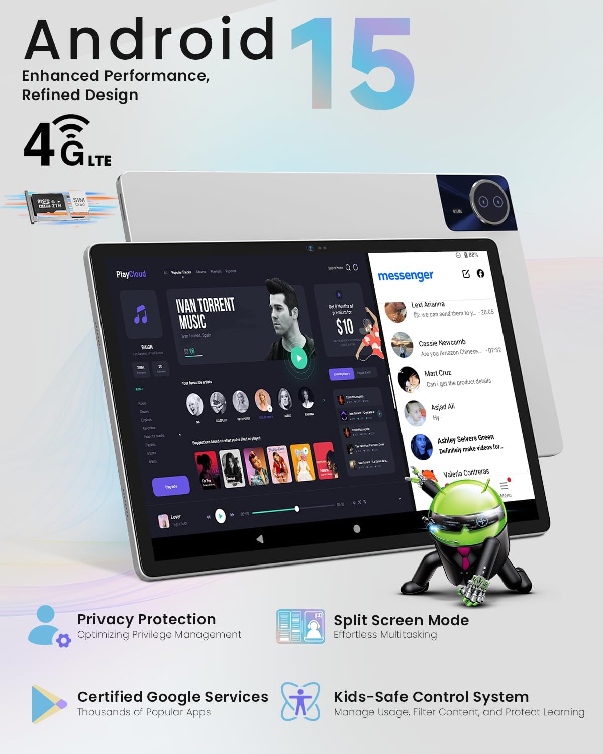 14 Inch Android 15 Tablet, 16GB RAM+256GB ROM, 1920x1200 FHD IPS Display, Widevine L1, 10000mAh Battery, 4G LTE, Wi-Fi & Bluetooth 5.0, Multi-Angle Stand Case & Stylus Pen,6ft Type-C Cable - Black
