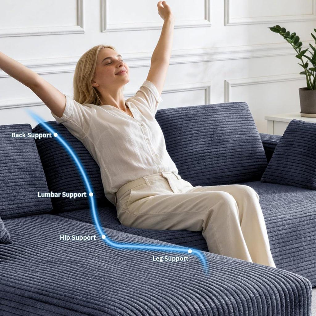 106" Corduroy Sectional Couch, Boneless L Shaped Couch with Deep Seat, Cloud Foam Sofa with Oversized Chaise, Sectional Sofa No Assembly Needed for Living Room