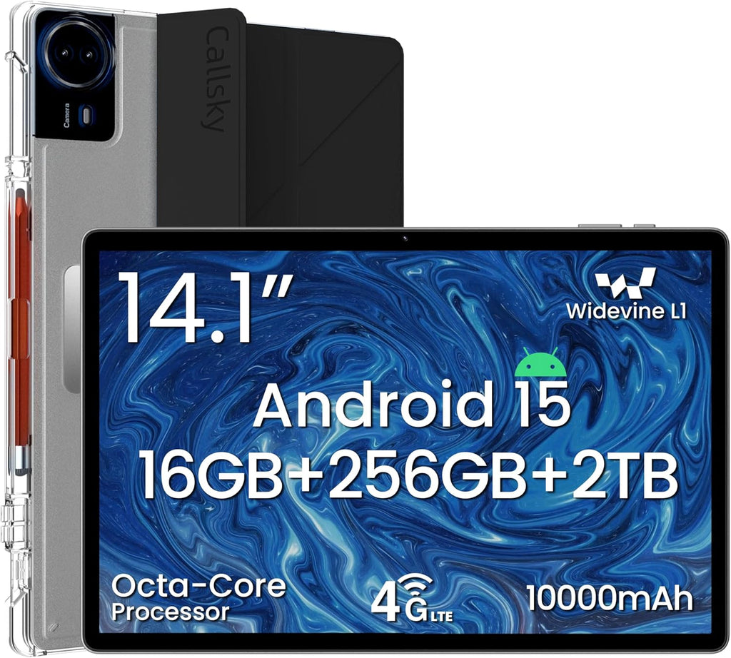 14 Inch Android 15 Tablet, 16GB RAM+256GB ROM, 1920x1200 FHD IPS Display, Widevine L1, 10000mAh Battery, 4G LTE, Wi-Fi & Bluetooth 5.0, Multi-Angle Stand Case & Stylus Pen,6ft Type-C Cable - Black