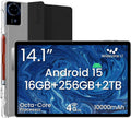 14 Inch Android 15 Tablet, 16GB RAM+256GB ROM, 1920x1200 FHD IPS Display, Widevine L1, 10000mAh Battery, 4G LTE, Wi-Fi & Bluetooth 5.0, Multi-Angle Stand Case & Stylus Pen,6ft Type-C Cable - Black