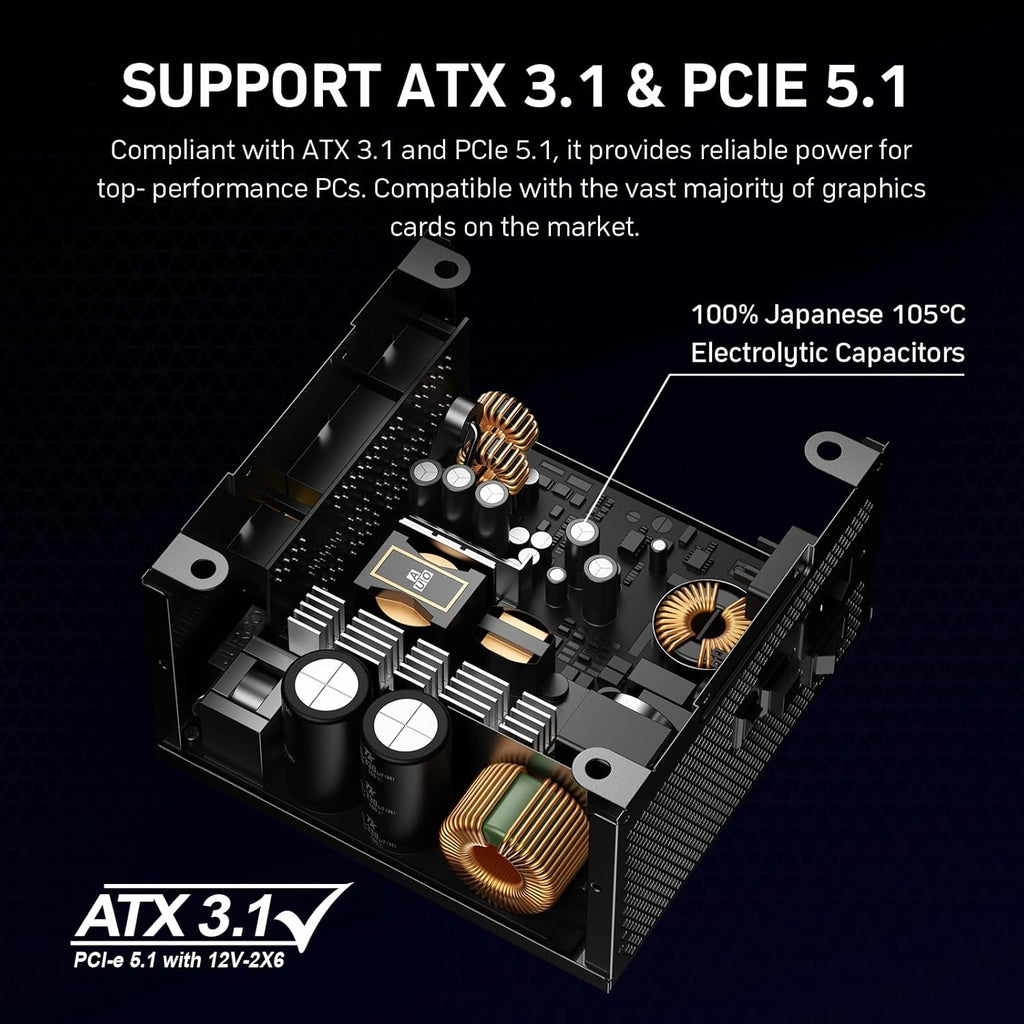 1000W Fully Modular Power Supply, 80+ Gold Certified PSU, ATX 3.1 & PCIe 5.1 Ready, 12V-2x6 Native Connector, 140mm RGB Low-Noise Smart Fan, 105℃ Japanese Capacitors, Black