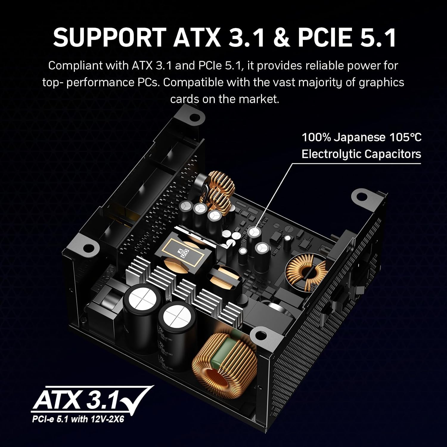 1000W Fully Modular Power Supply, 80+ Gold Certified PSU, ATX 3.1 & PCIe 5.1 Ready, 12V-2x6 Native Connector, 140mm RGB Low-Noise Smart Fan, 105℃ Japanese Capacitors, Black