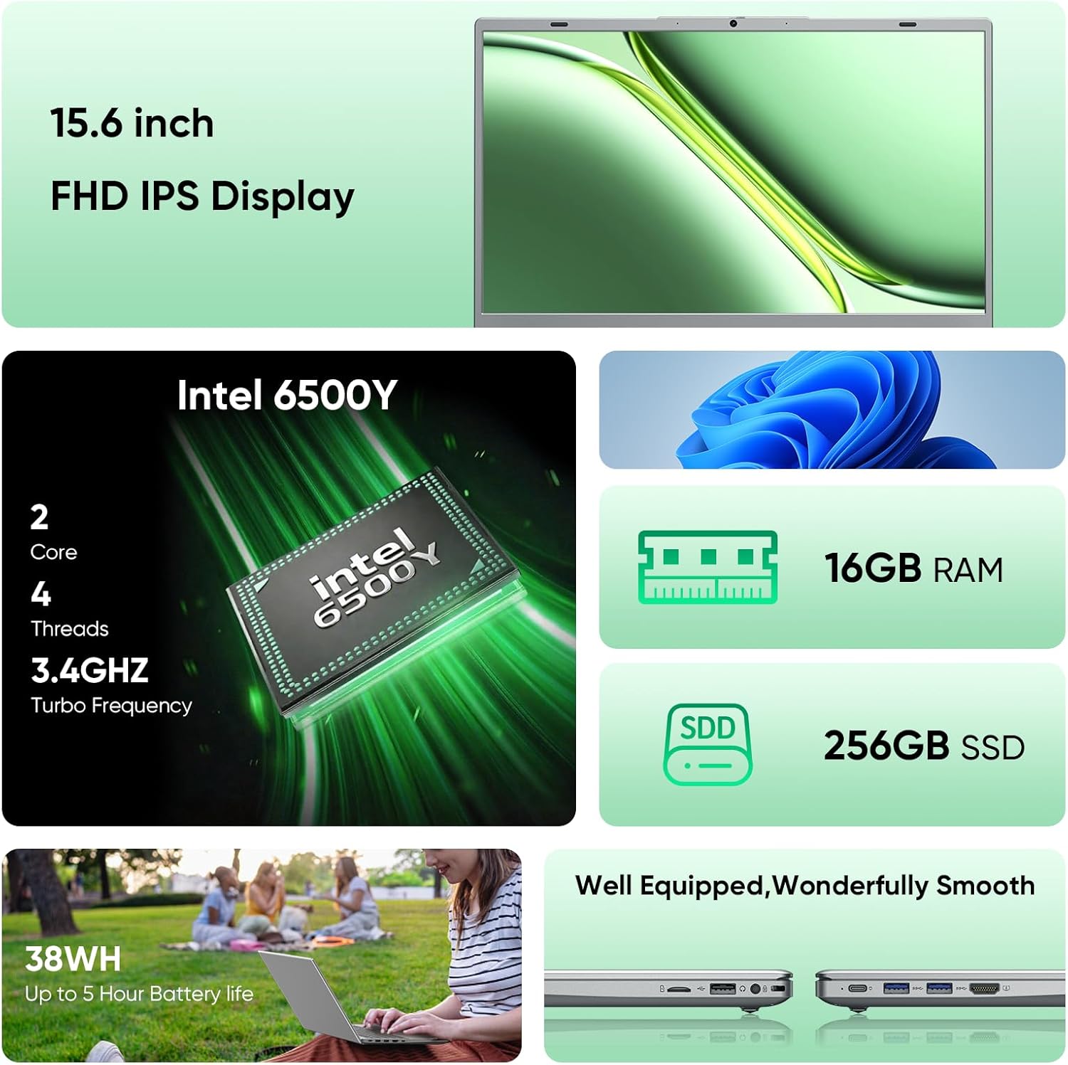 15.6" Full HD Laptop with 16GB RAM 256GB SSD,Laptop Computer, Dual-core 6500Y Processor Up to 3.4GHz,WiFi5,USB-C, Poratable Business and Student Laptops,Sliver