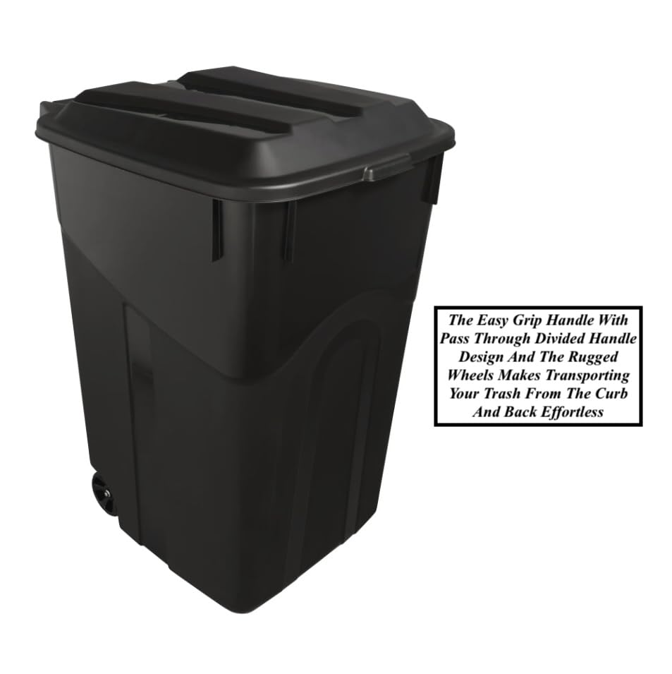 2 PCS 45 Gallon Heavy Duty Plastic Garbage Cans Trash Cans Rubbish Bin Attached Lid 2 Built in Rugged Wheels Easy Grip Handle Click Lock Lid Design Perfect for Both Indoor Or Outdoor Use