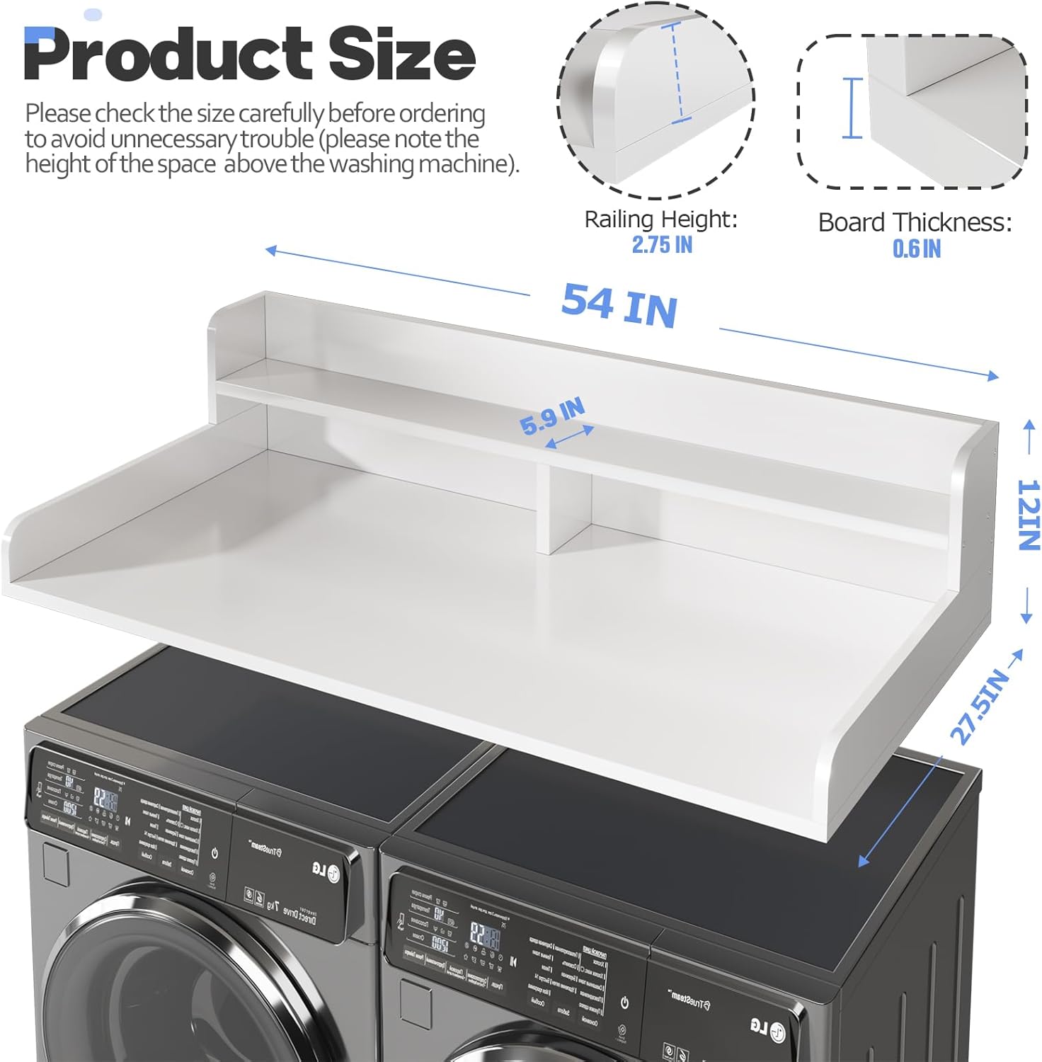 2-Tier Washer and Dryer Countertop with 2.75" H Guard,54" W x 27.5" D Laundry Countertop Cover with Non-Slip Pad,Large Space Laundry Topper for Folding Clothes Over Washer and Dryer-White