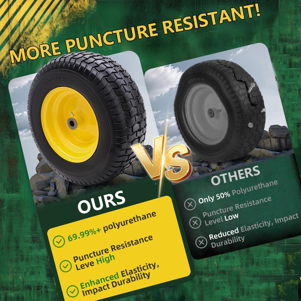 16x6.50-8 Tire and Wheel Assembly (2 Pack), Pre-Installed 3/4" Bushing, 3" Offset Hub, Flat Free Solid Rubber Tire, For Compatible 3/4" Axle Lawn & Garden Equipment (Yellow)