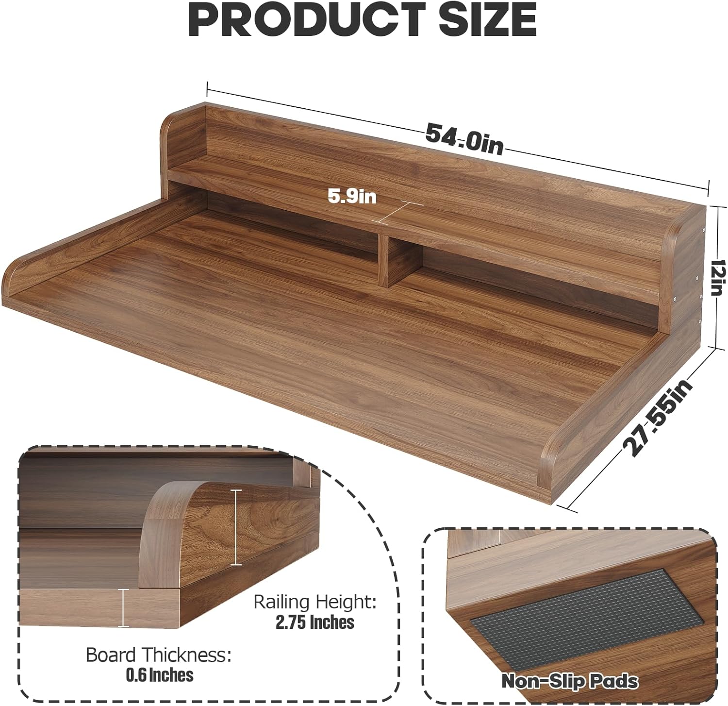 2-Tier Washer Dryer Countertop with 2.75" H Edge Rails, 54" W x 27.55" D Laundry Countertop for Folding Clothes, Washer and Dryer Topper with Non-Slip Pad (Dark Walnut)