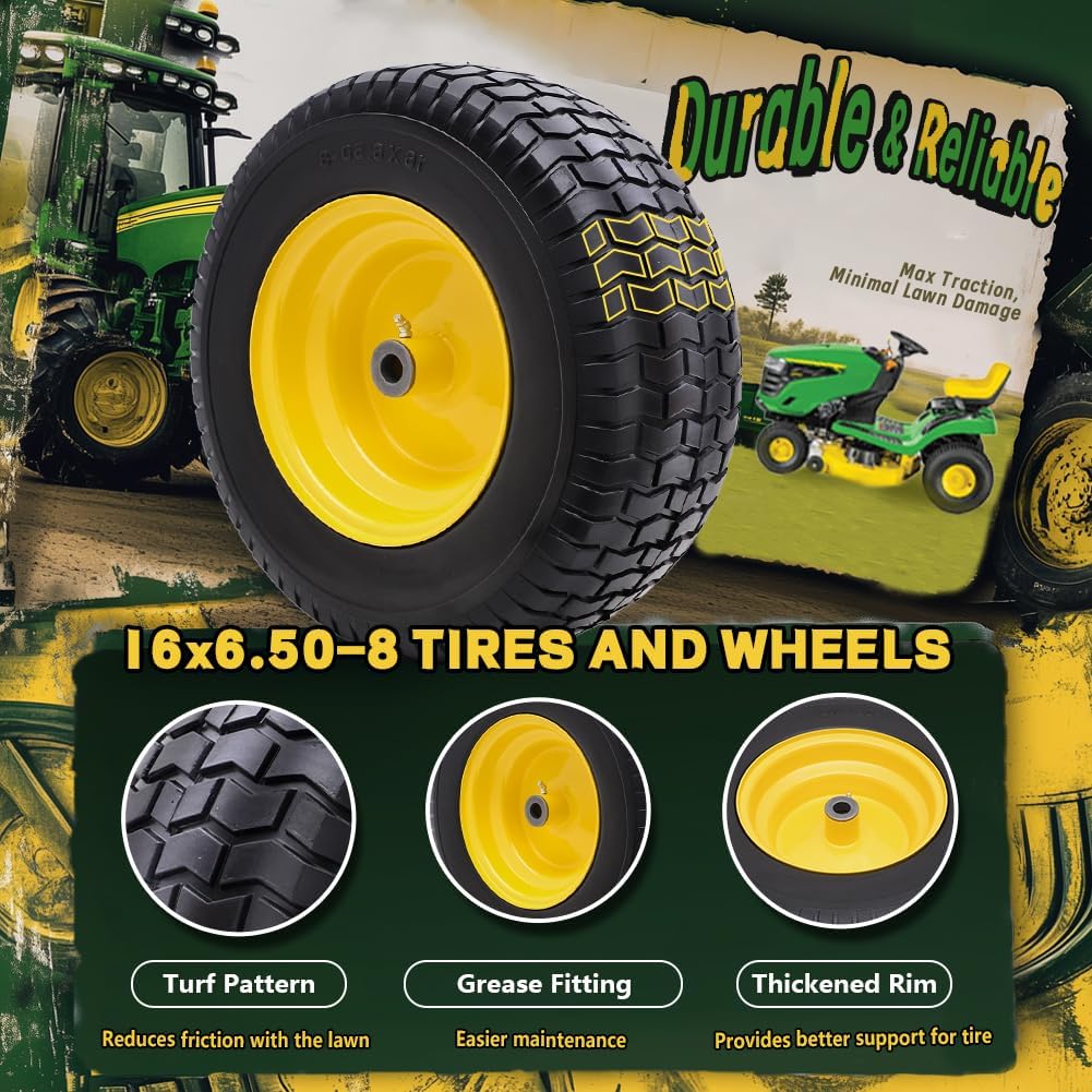 16x6.50-8 Tire and Wheel Assembly (2 Pack), Pre-Installed 3/4" Bushing, 3" Offset Hub, Flat Free Solid Rubber Tire, For Compatible 3/4" Axle Lawn & Garden Equipment (Yellow)