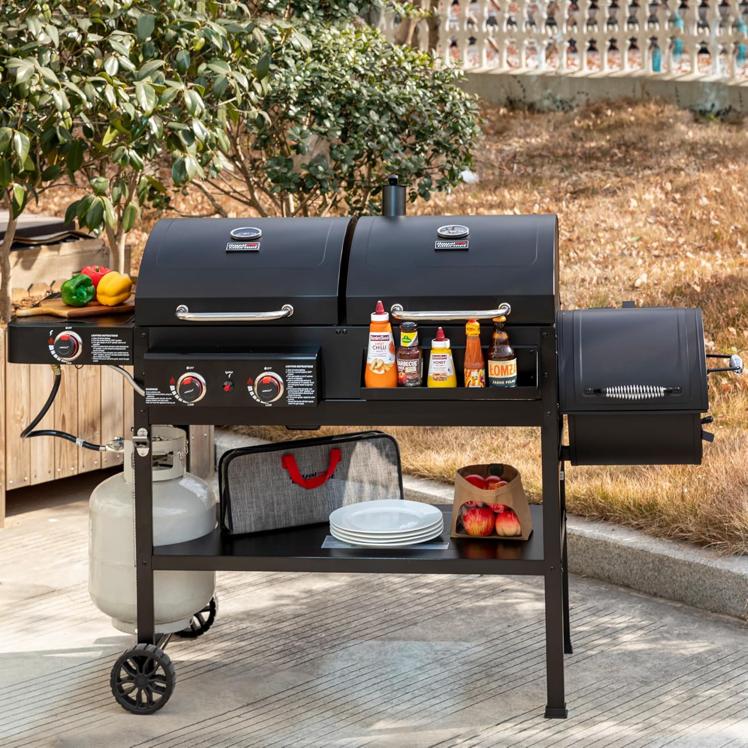 2-Burner Gas and Charcoal Grill Combo with Offset Smoker & Side Burner, 34,000 BTU Dual Fuel Grill, 1020 Sq. In. Cooking Area, Ideal for Outdoor Cooking, Black, ZH3005Y-SC