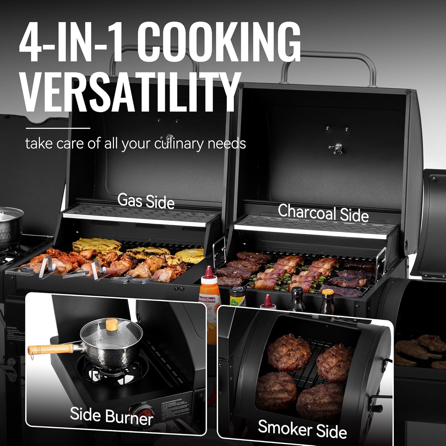 2-Burner Gas and Charcoal Grill Combo with Offset Smoker & Side Burner, 34,000 BTU Dual Fuel Grill, 1020 Sq. In. Cooking Area, Ideal for Outdoor Cooking, Black, ZH3005Y-SC