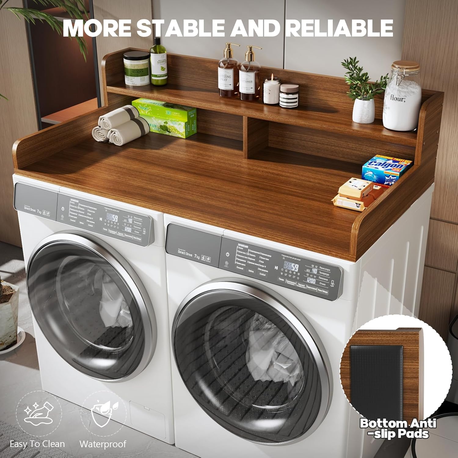 2-Tier Washer and Dryer Countertop with 2.75" H Guard,54" W x 27.5" D Laundry Countertop Cover with Non-Slip Pad,Large Space Laundry Topper for Folding Clothes Over Washer and Dryer-Brown