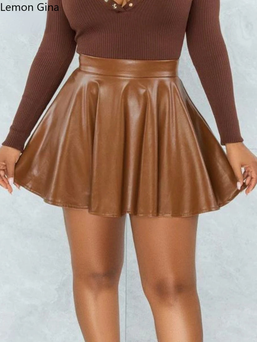 Lemon Gina Women Faux Leather PU Pleated Min Skirts Casual Street Elegant Solid Skirt