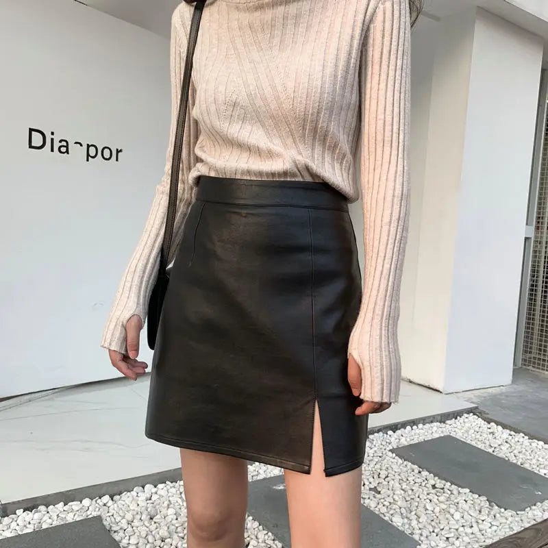 Slit Leather Skirt Female 2020 Autumn Winter New A- line Skirt Office Lady Sheath Skirt High Waist Slimming Skirt Mujer Faldas