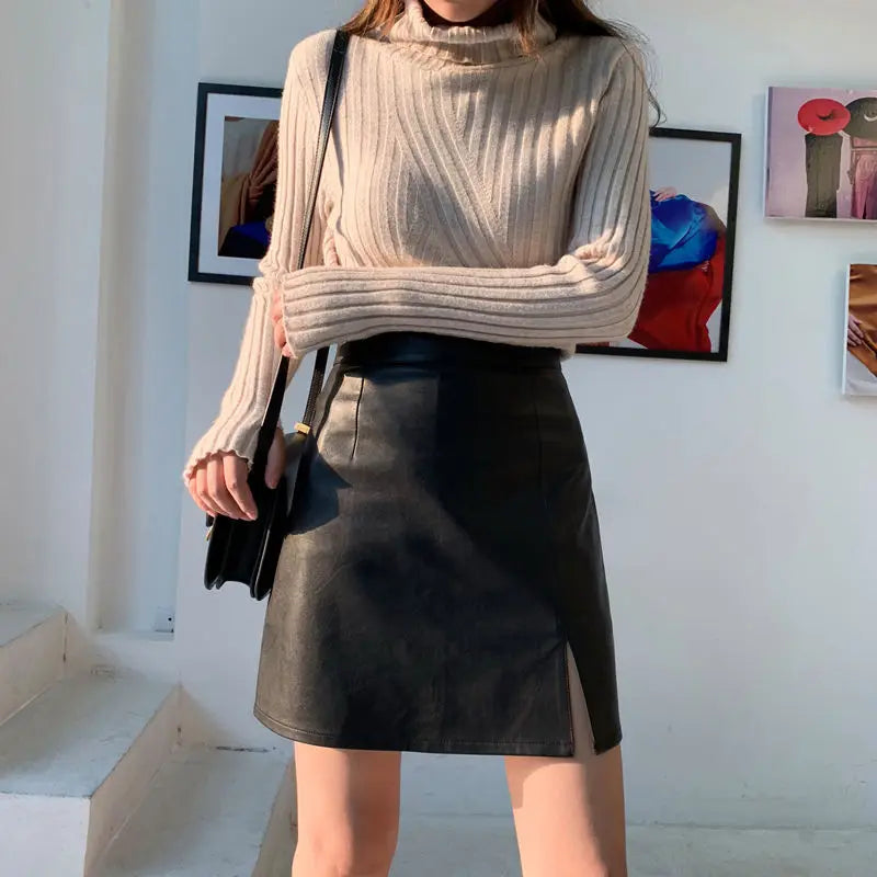 Slit Leather Skirt Female 2020 Autumn Winter New A- line Skirt Office Lady Sheath Skirt High Waist Slimming Skirt Mujer Faldas