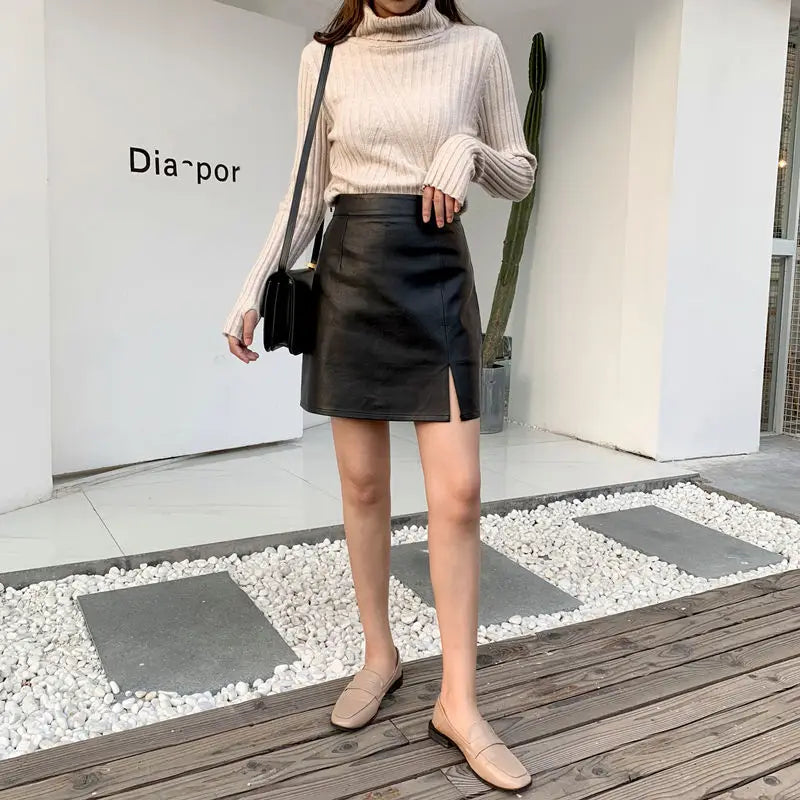 Slit Leather Skirt Female 2020 Autumn Winter New A- line Skirt Office Lady Sheath Skirt High Waist Slimming Skirt Mujer Faldas