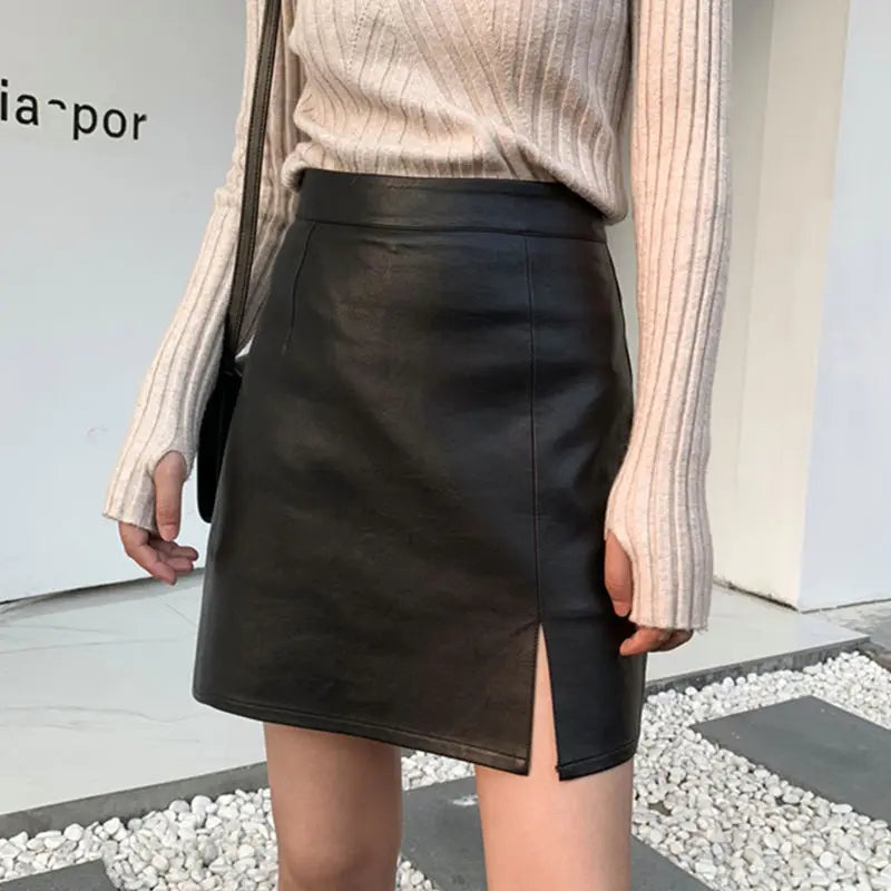 Slit Leather Skirt Female 2020 Autumn Winter New A- line Skirt Office Lady Sheath Skirt High Waist Slimming Skirt Mujer Faldas