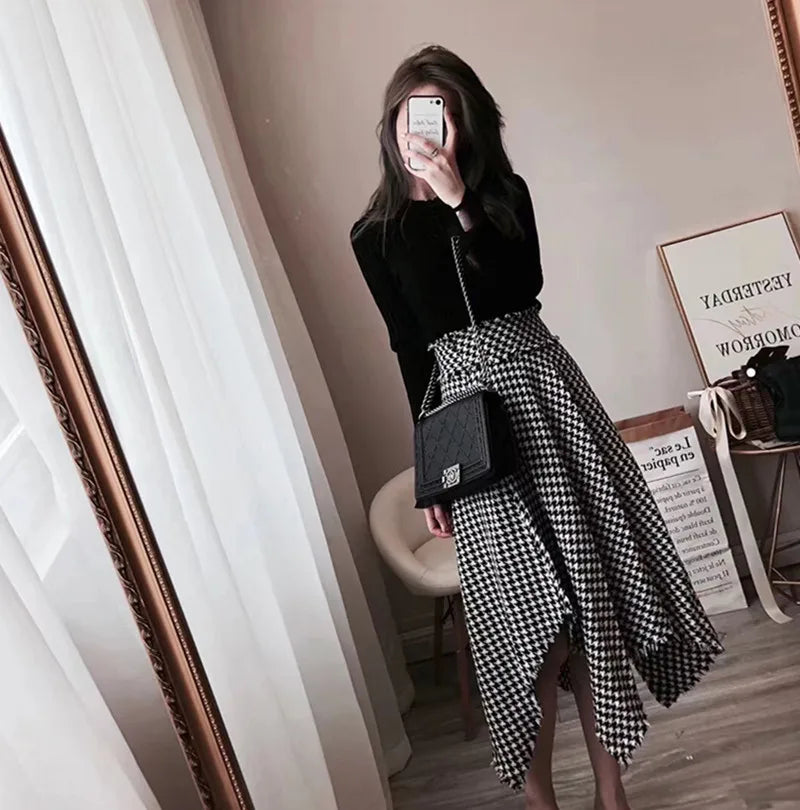 Spring Women Retro High Waist Irregular Hem Wool Houndtooth Skirt For Winter And Autumn