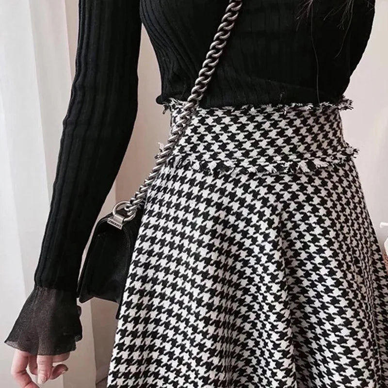 Spring Women Retro High Waist Irregular Hem Wool Houndtooth Skirt For Winter And Autumn