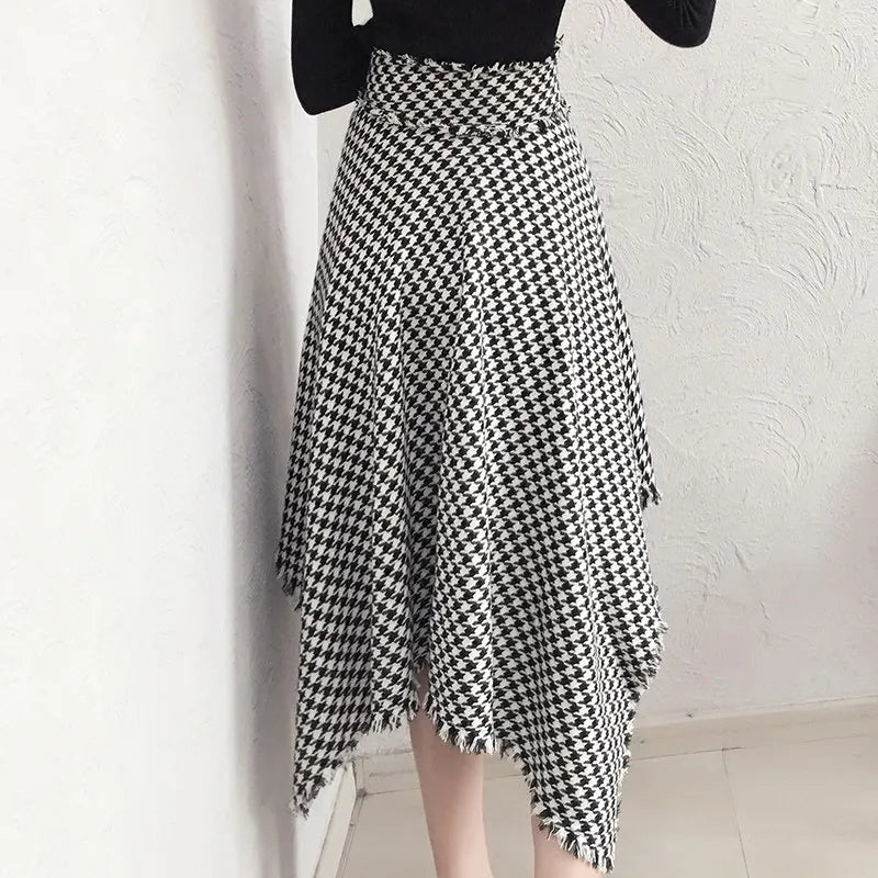 Spring Women Retro High Waist Irregular Hem Wool Houndtooth Skirt For Winter And Autumn