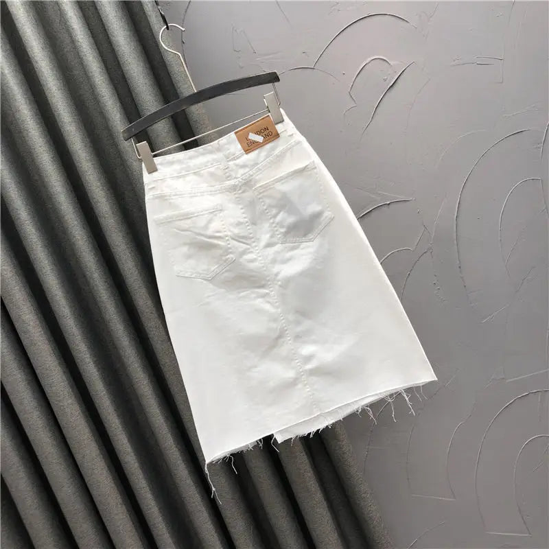 White casual half-length denim skirt women's 2022 new summer  high waist split A-line bag hip skirt trend  Solid  Cotton