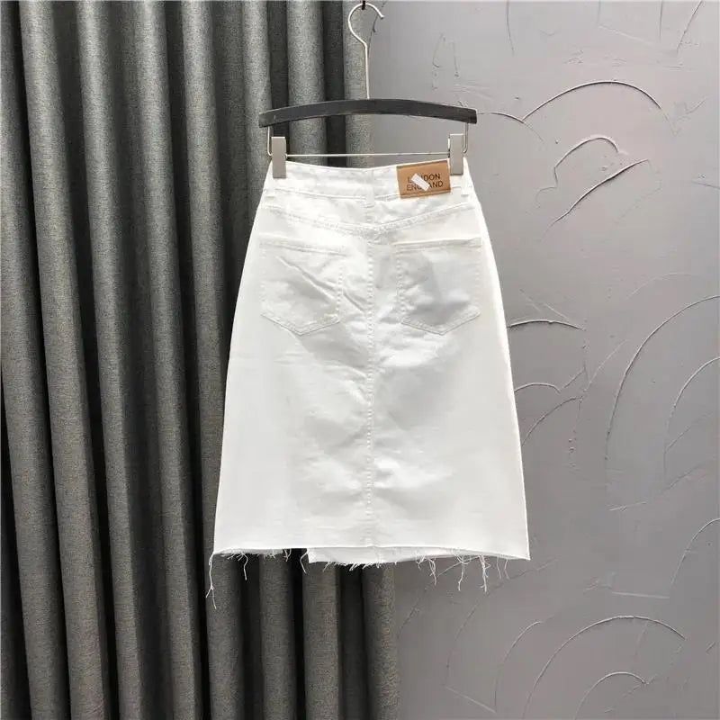 White casual half-length denim skirt women's 2022 new summer  high waist split A-line bag hip skirt trend  Solid  Cotton