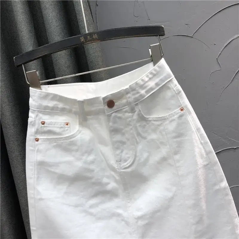 White casual half-length denim skirt women's 2022 new summer  high waist split A-line bag hip skirt trend  Solid  Cotton
