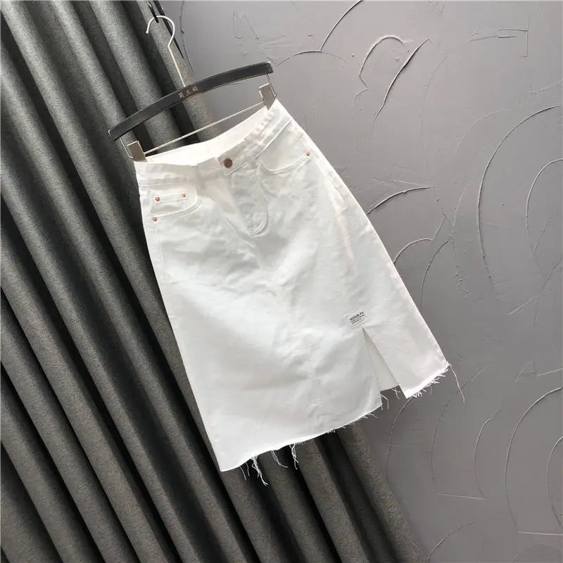 White casual half-length denim skirt women's 2022 new summer  high waist split A-line bag hip skirt trend  Solid  Cotton