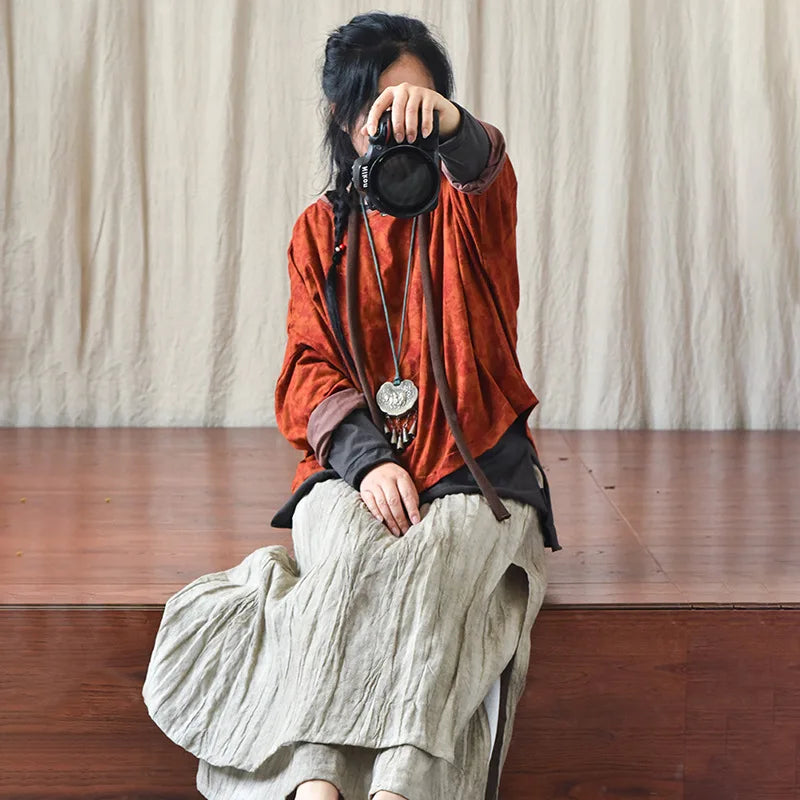 Women Loose Elastic Waist Linen Vintage Skirts Ladies Loose Spring Autumn Retro Skirt Female Skirts
