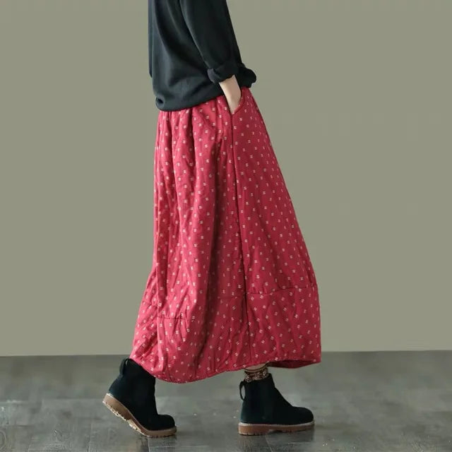 Women Loose Polka Dot Padded Skirts Ladies Vintage Elastic Waist Skirt Female Cotton Linen Winter Skirts