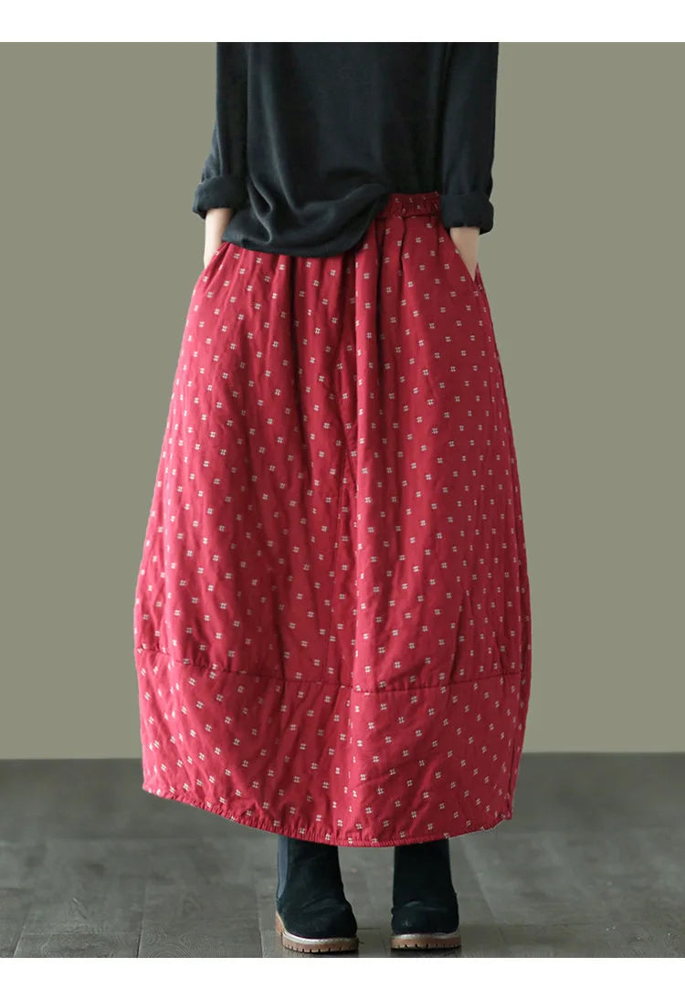 Women Loose Polka Dot Padded Skirts Ladies Vintage Elastic Waist Skirt Female Cotton Linen Winter Skirts