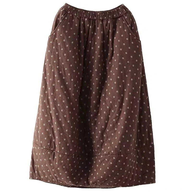 Women Loose Polka Dot Padded Skirts Ladies Vintage Elastic Waist Skirt Female Cotton Linen Winter Skirts