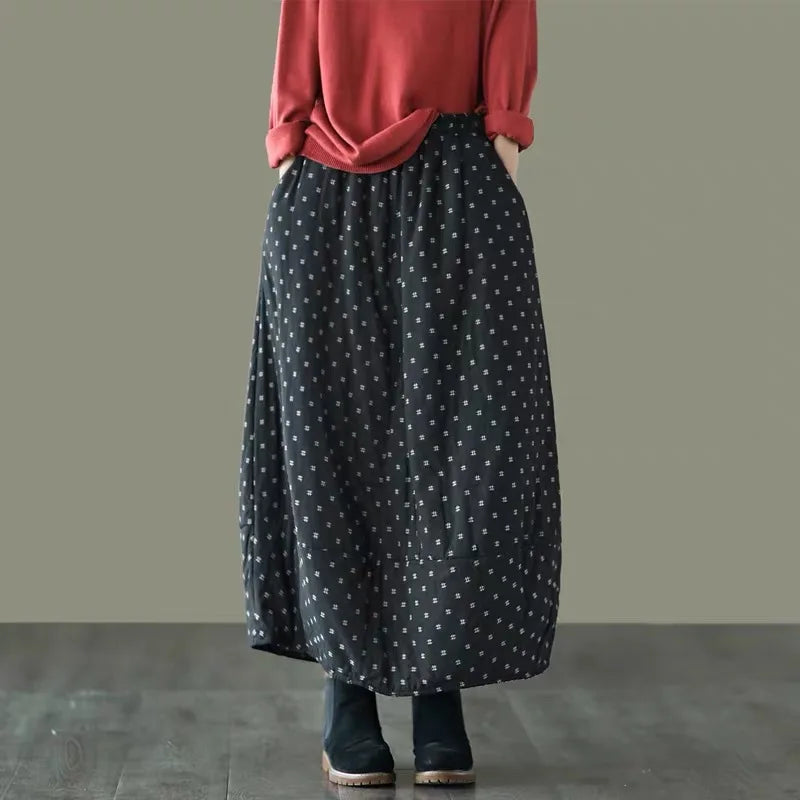 Women Loose Polka Dot Padded Skirts Ladies Vintage Elastic Waist Skirt Female Cotton Linen Winter Skirts